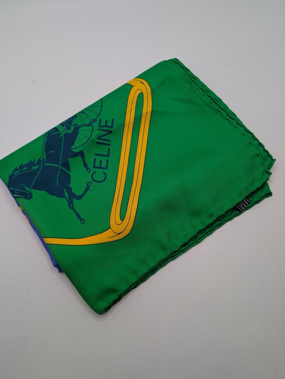 Auth Celine Paris 100% Silk Equestrian Horse Bit Scarf Green, Blue Yellow 34x34